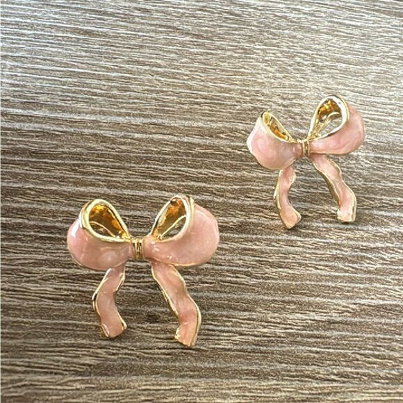Anthropologie Pink and Gold Bow Earrings - Picture 2 of 4